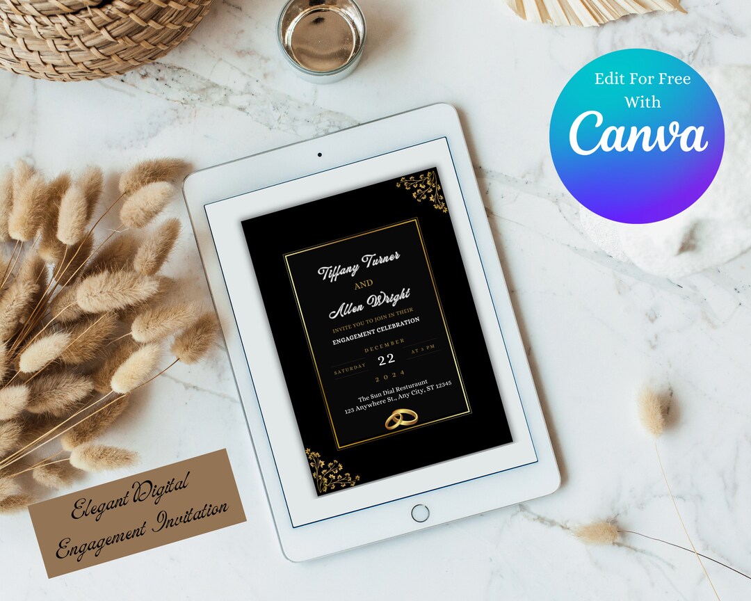 Printable Elegant Engagement Digital Invitation/black and Gold