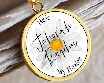 Jehovah Rapha The Lord My Healer Bible Verse Scripture Flower Pendant Necklace Names of God Bible Jewelry Christian Necklace Gold or Silver