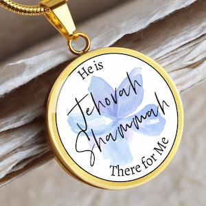 Jehovah Shammah The Lord is There Bible Verse Flower Pendant Prayer Necklace Names of God Bible Jewelry Christian Necklace Gold or Silver