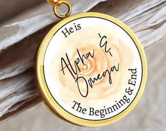 Alpha and Omega Bible Verse Scripture Flower Pendant Jesus Necklace Names of God Bible Jewelry Christian Faith Necklace Gold or Silver