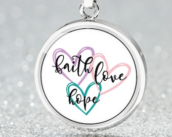 Faith Hope Love Heart Pendant Necklace, Custom Engraved Personalized, Baptism Gift, Confirmation Gift, Religious Necklace, Silver or Gold