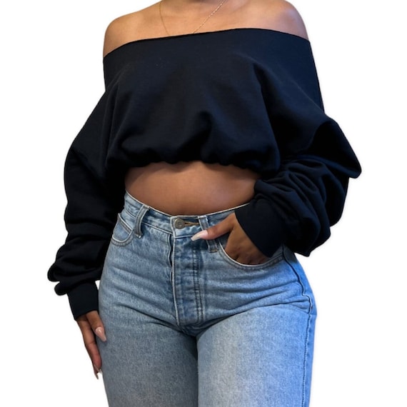 Cropped Sweatshirt off Shouldercozy Fleeceperfect Fit Adjustable Waist Etsy