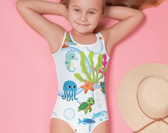 Hawaii Flickor Söt Sommarbaddräkt, Barnbaddräkt, Poolstrandoutfit, Havsliv, Fiskar, Sköldpadda, Sjöhäst, Grodor, Sjöstjärna, Bläckfisk