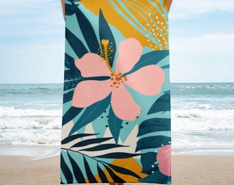 Aloha Pink Hibiscus Palm Tree Towel, Floral Towel, Hawaii Beach Towel, Beach Towel, Vacation Towel, Tropical Hawaiiana Towel, Travel Towel