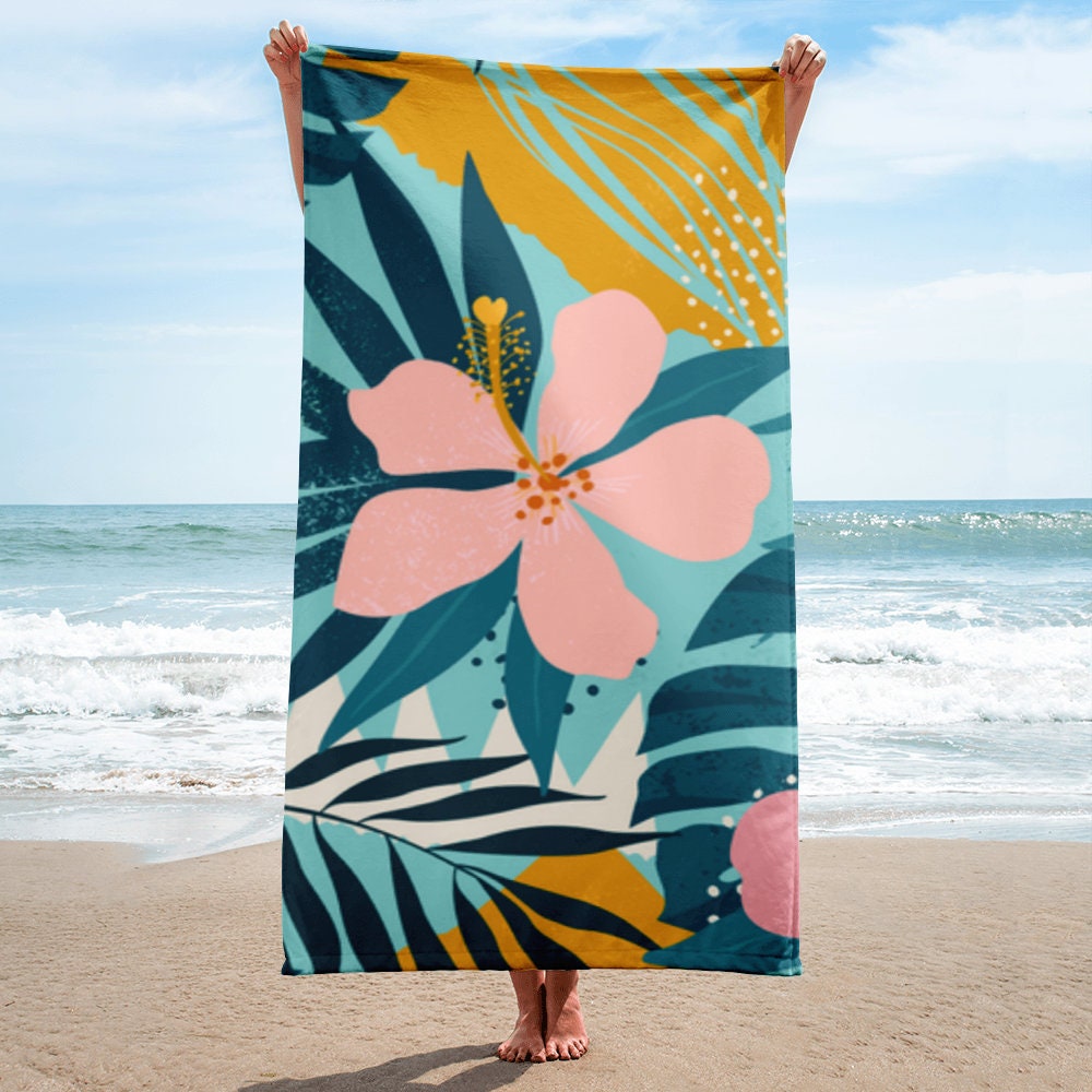 Aloha Pink Hibiscus Palm Tree Towel, Floral Towel, Hawaii Beach