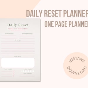 Könnte beinhalten: Ein weißer Daily Reset Planner mit rosa und grünem Text. Der Planer enthält Abschnitte für Top-Prioritäten, Morgenabsicht, eine To-Do-Liste und ein Brainstorming. Die Wörter "Daily Reset" und "One Page Planner" sind sichtbar.