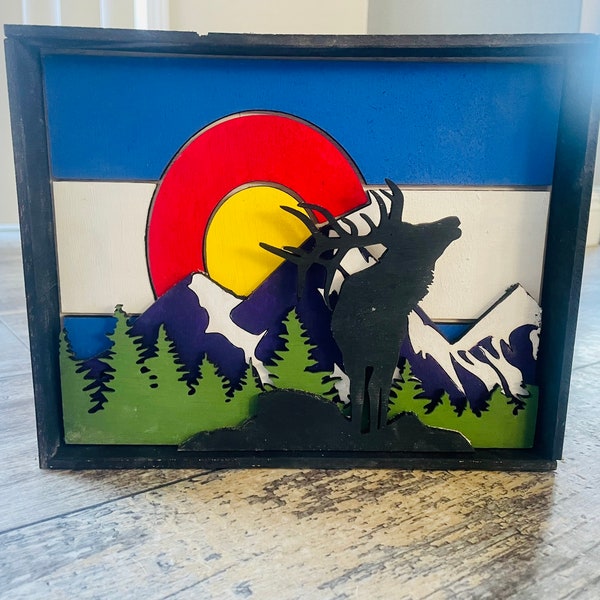 Colorado flag, mountains, elk wall hanging, shelf decor, Colorado pride