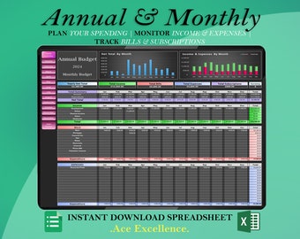 May include: A black and white spreadsheet template for tracking annual and monthly income, expenses, and bills. The spreadsheet includes sections for yearly net total, total income, total bills, total expenses, and total subscriptions. The spreadsheet is labelled "Annual & Monthly" and "Plan Your Spending | Monitor Income & Expenses | Track Bills & Subscriptions".