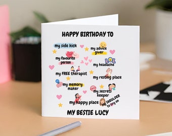 Mi tarjeta de cumpleaños Bestie - Mi compañero, Mi lugar feliz, Mi socio en el crimen, Mi hermana del alma, Tarjeta de cumpleaños divertida - Tarjeta personalizada