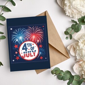 Biglietto del 4 luglio, biglietto d'auguri per il Giorno dell'Indipendenza, biglietto patriottico, celebrazione degli Stati Uniti, carta da lettere del 4 luglio, biglietto rosso, bianco e blu, biglietto con fuochi d'artificio