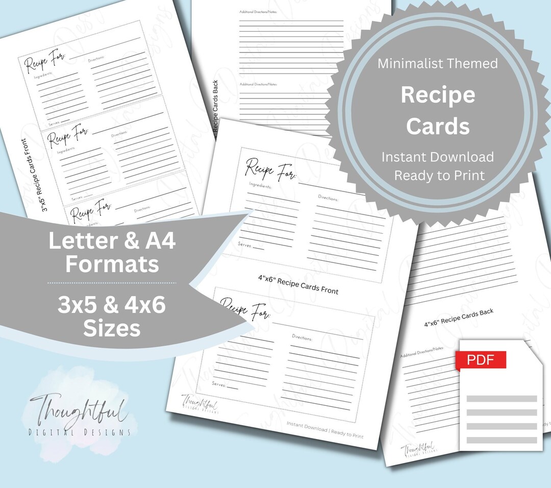 Minimalist Printable Recipe Cards Instant Digital Download 3x5 and 4x6 ...