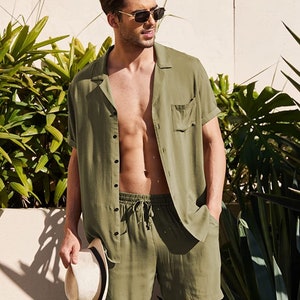 Mens Green Linen Button Down Shirt and Pants / Custom Green Linen Suit /  Casual Pant Suit for Men Plus Size / Linen Loungewear Set 