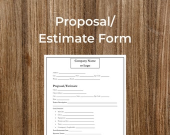 May include: A black and white proposal or estimate form with blank fields for company name, address, phone, email, client name, client address, project description, cost estimate, total estimated cost, payment terms, terms and conditions, acceptance, and signatures.