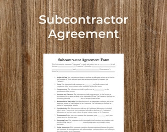 Subcontractor Agreement Form Template | Printable | Fillable | PDF | Digital Download | Customizable | Editable | Professional Contractor