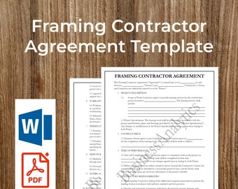 Framing Contractor Agreement Template | Contractor Forms | Printable | Fillable | PDF | Word | Digital Download | Customizable | Editable
