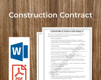 Construction Contract Template | Contractor Forms | Business Forms | Printable | Fillable | PDF | Word | Digital Download | Customizable
