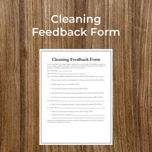 Könnte beinhalten: Ein Reinigungs-Feedback-Formular mit Fragen zur Qualität des Reinigungsservices, einschließlich der allgemeinen Qualität, Pünktlichkeit und Professionalität der Reinigungskräfte. Das Formular fragt, ob der Kunde den Reinigungsservice anderen empfehlen würde.