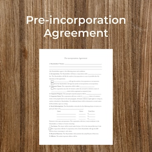 Pre-incorporation Agreement | PDF | Form Fillable | Printer Friendly | Business Forms | Small Business | Editable | Digital Downloads
