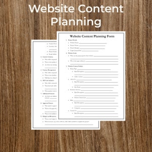 May include: A black and white printable website content planning form with sections for project details, website goals, website content outline, SEO and analytics, additional features, approval process, budget and resources. The form includes fields for website name, project owner, target audience, home page, about us, blog, contact us, and more.