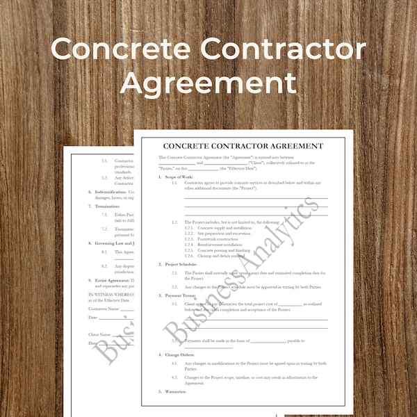 Concrete Contractor Agreement | Contractor Forms | Business Forms | Printable | Fillable | PDF | Digital Download | Customizable | Editable