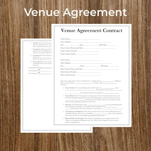 Venue Agreement Contract Form for Events and Weddings | Printable | Fillable | PDF | Digital Download | Customizable | Editable | Business