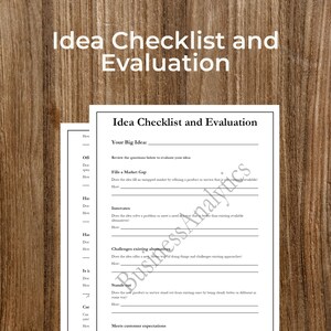 May include: A checklist and evaluation worksheet for evaluating business ideas. The worksheet includes questions to help you determine if your idea fills a market gap, innovates, challenges existing alternatives, stands out, and meets customer expectations.
