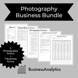 May include: A set of five black and white photography forms and seven business forms. The forms include a model release form, a photography contract, a property release form, a shot list form, and a photo order form. The forms are designed to help photographers manage their business.