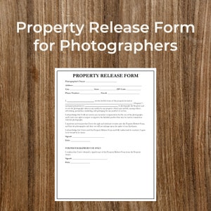 May include: A black and white property release form for photographers. The form includes fields for the photographer's name, address, phone number, email, and the property owner's name, address, phone number, and email. The form also includes a section for the photographer to acknowledge that they have obtained a signed copy of the property release form from the property owner.