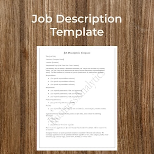 May include: A job description template with a title, company name, location, employee type, job summary, responsibilities, requirements, preferred qualifications, benefits, application process, and a statement about equal opportunity employment.