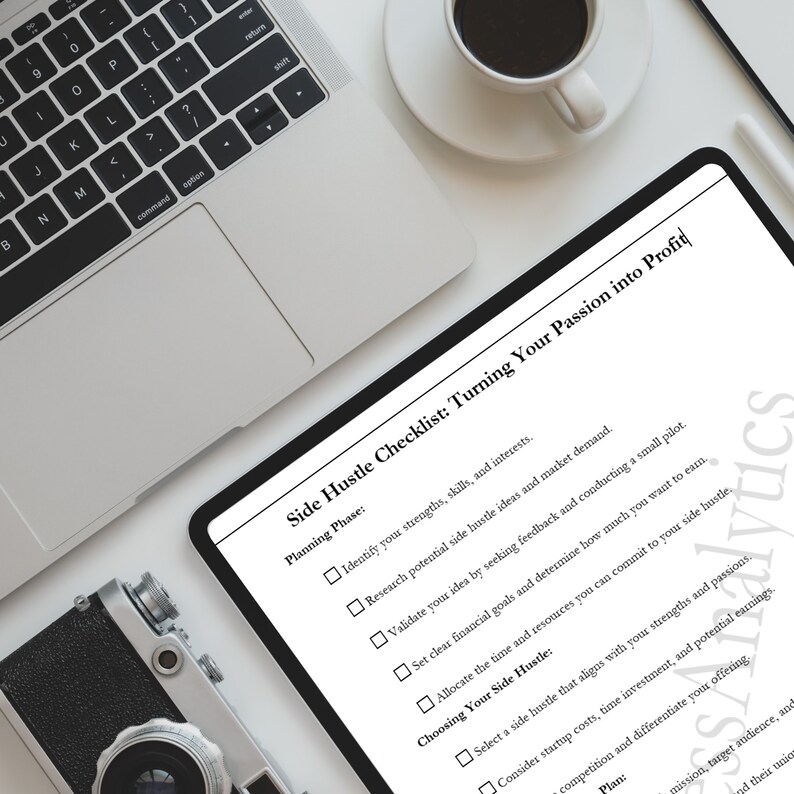 May include: A checklist on a white background with the title "Side Hustle Checklist: Turning Your Passion into Profit". The checklist is divided into two sections: "Planning Phase" and "Choosing Your Side Hustle".