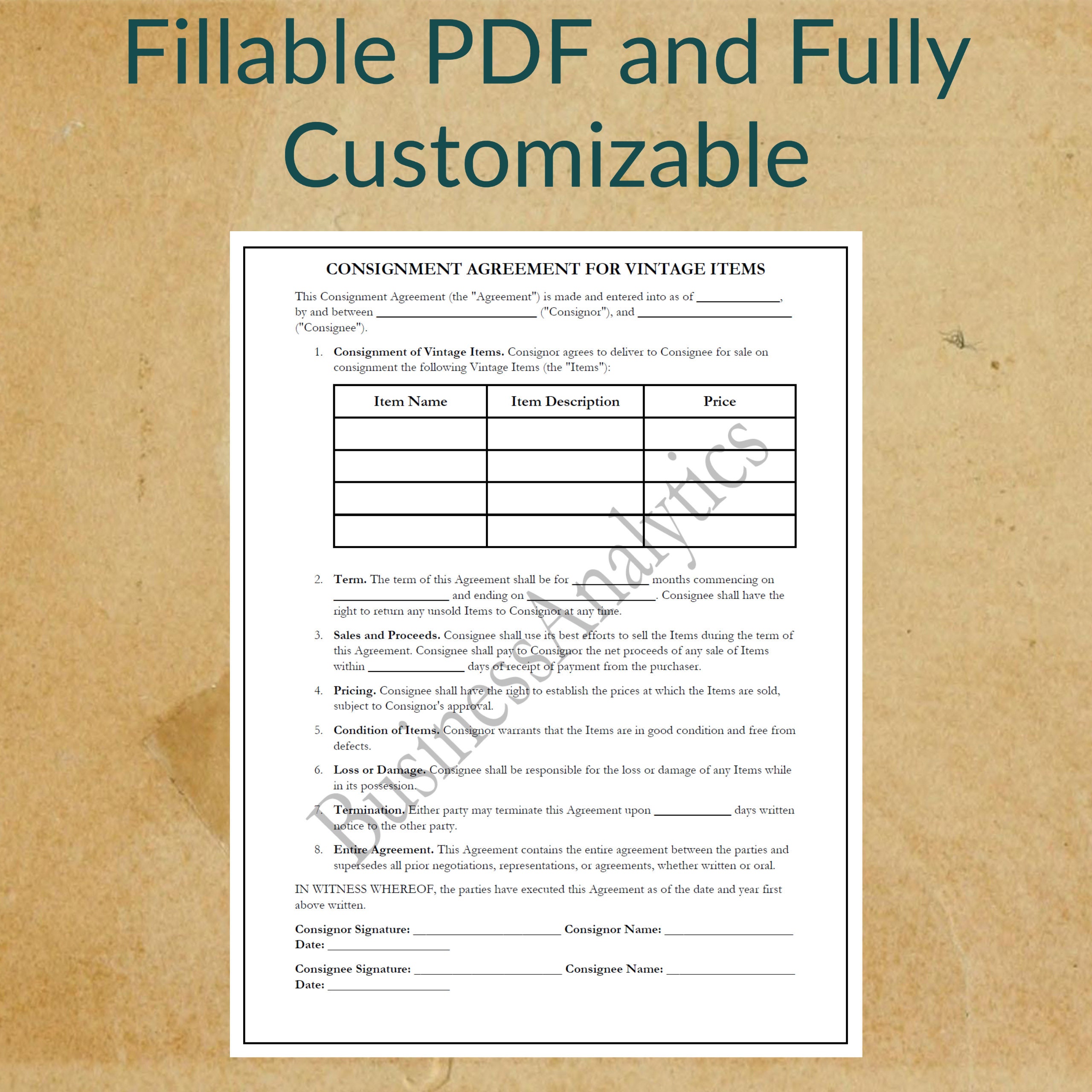 Vintage Consignment Agreement Form For Antique Dealers digital 