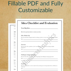May include: A checklist and evaluation form for a business idea. The form asks questions to help evaluate the idea, such as "Fills a Market Gap", "Innovates", "Challenges existing alternatives", and "Stands out".