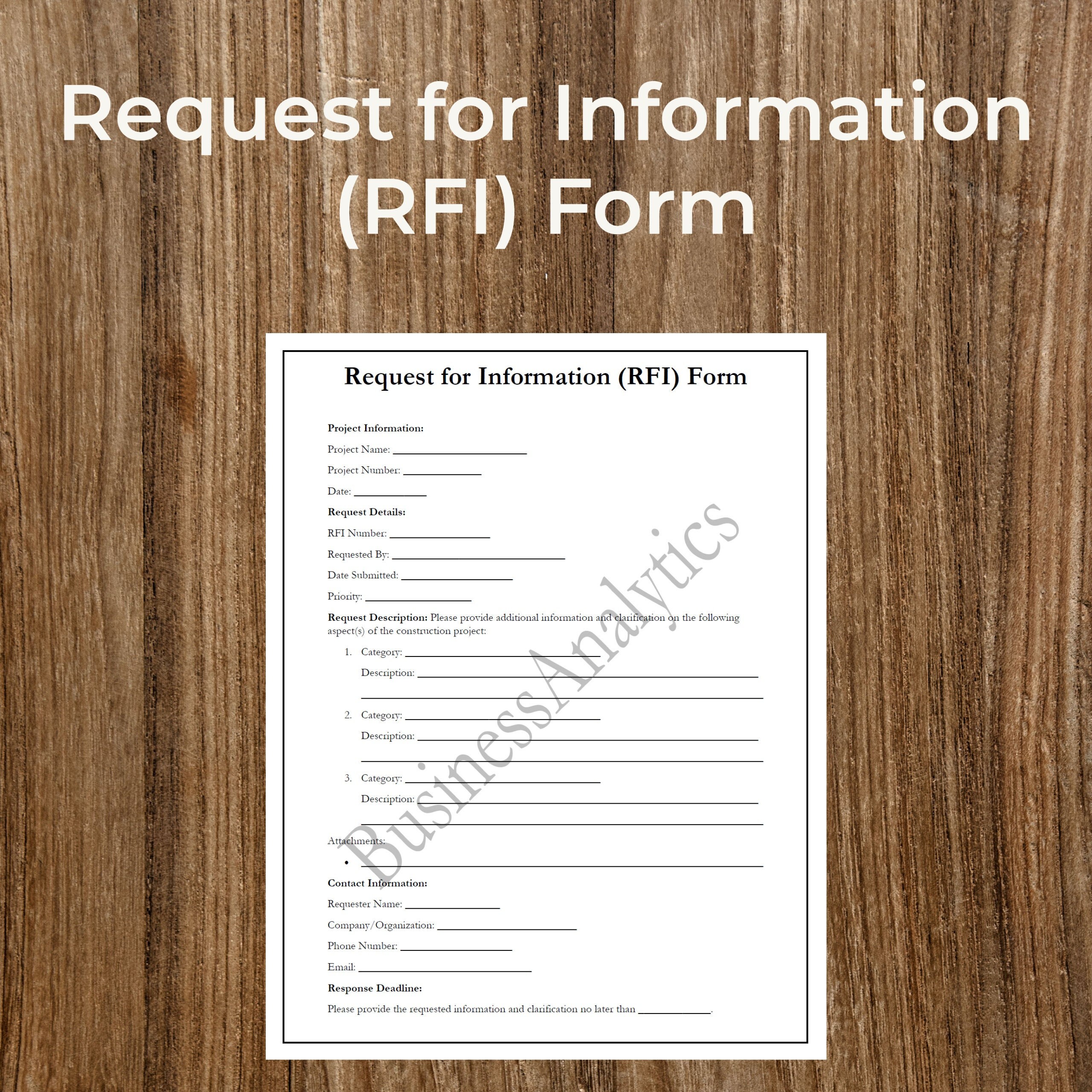Request for Information (RFI) Form | Business Forms | Contractors | Printable | Fillable | PDF | Digital Download | Customizable | Editable