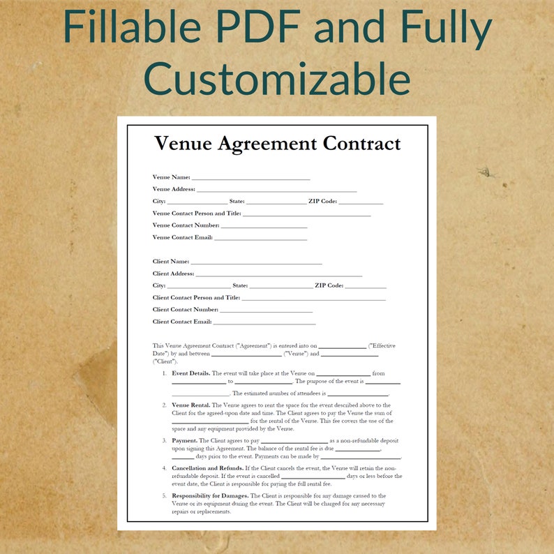 Venue Agreement Contract Form for Events and Weddings Printable