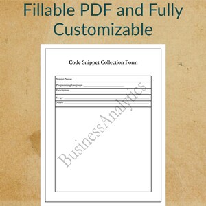 Pode incluir: Um formul&aacute;rio imprim&iacute;vel para coletar trechos de c&oacute;digo. O formul&aacute;rio inclui campos para o nome do trecho, a linguagem de programa&ccedil;&atilde;o, a descri&ccedil;&atilde;o, o uso e as notas.