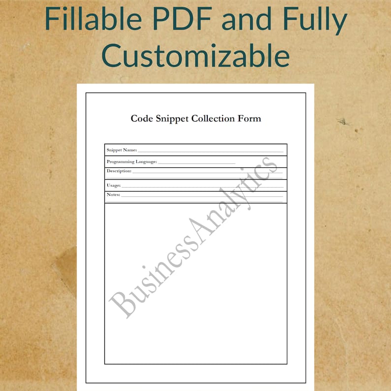 Pode incluir: Um formul&aacute;rio imprim&iacute;vel para coletar trechos de c&oacute;digo. O formul&aacute;rio inclui campos para o nome do trecho, a linguagem de programa&ccedil;&atilde;o, a descri&ccedil;&atilde;o, o uso e as notas.