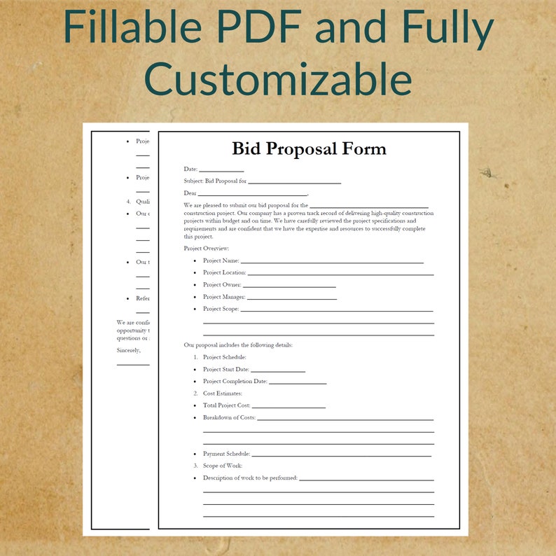 Construction Bid Proposal Form - Printable, Fillable PDF (digital ...