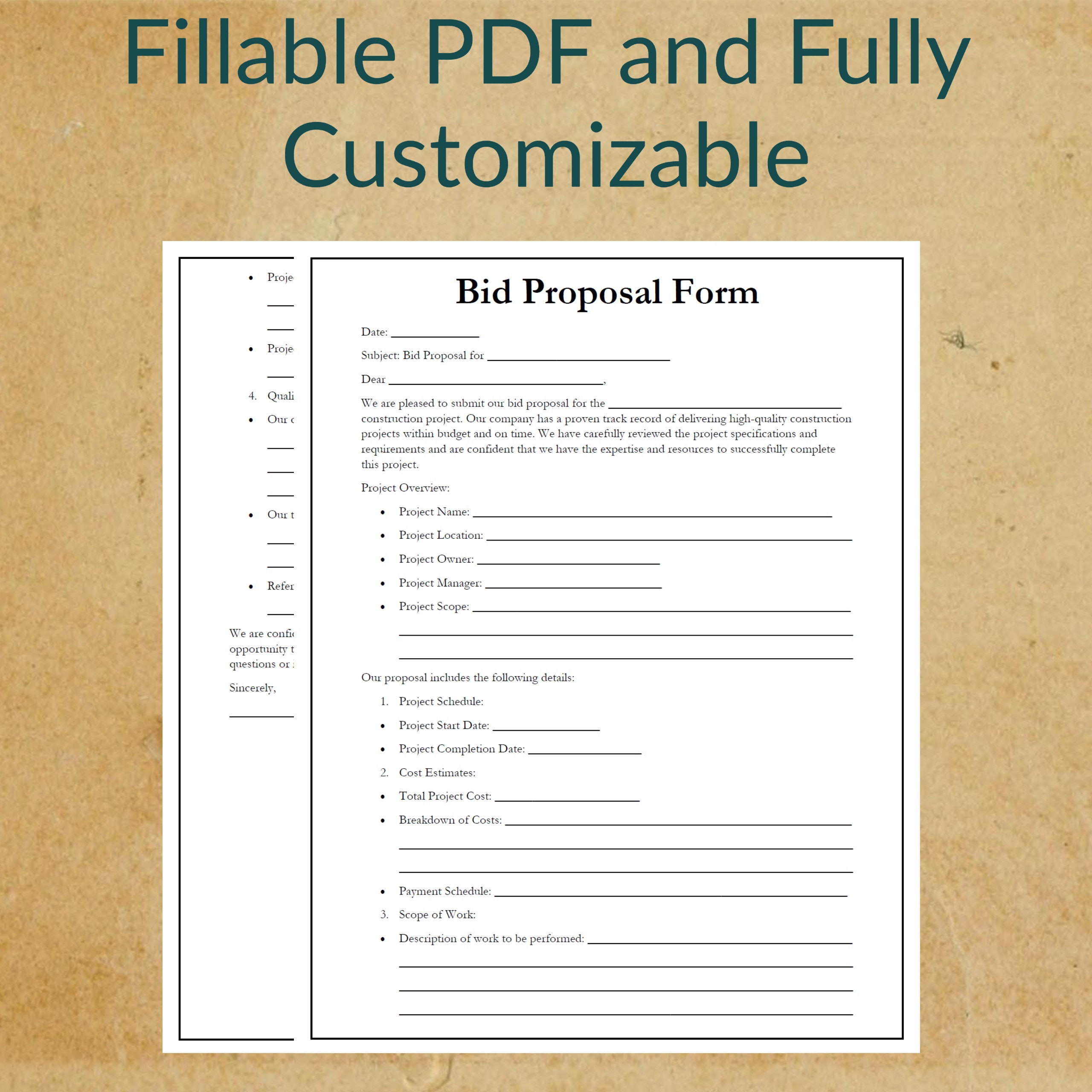 Construction Bid Proposal Form - Printable, Fillable PDF (digital ...