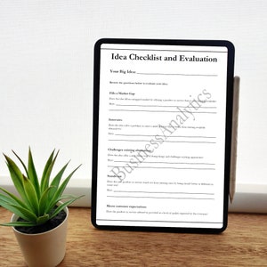 May include: A checklist and evaluation form on a tablet screen. The form is titled "Idea Checklist and Evaluation" and includes questions to help evaluate a business idea. The questions include "Fills a Market Gap", "Innovates", "Challenges existing alternatives", "Stands out", and "Meets customer expectations".
