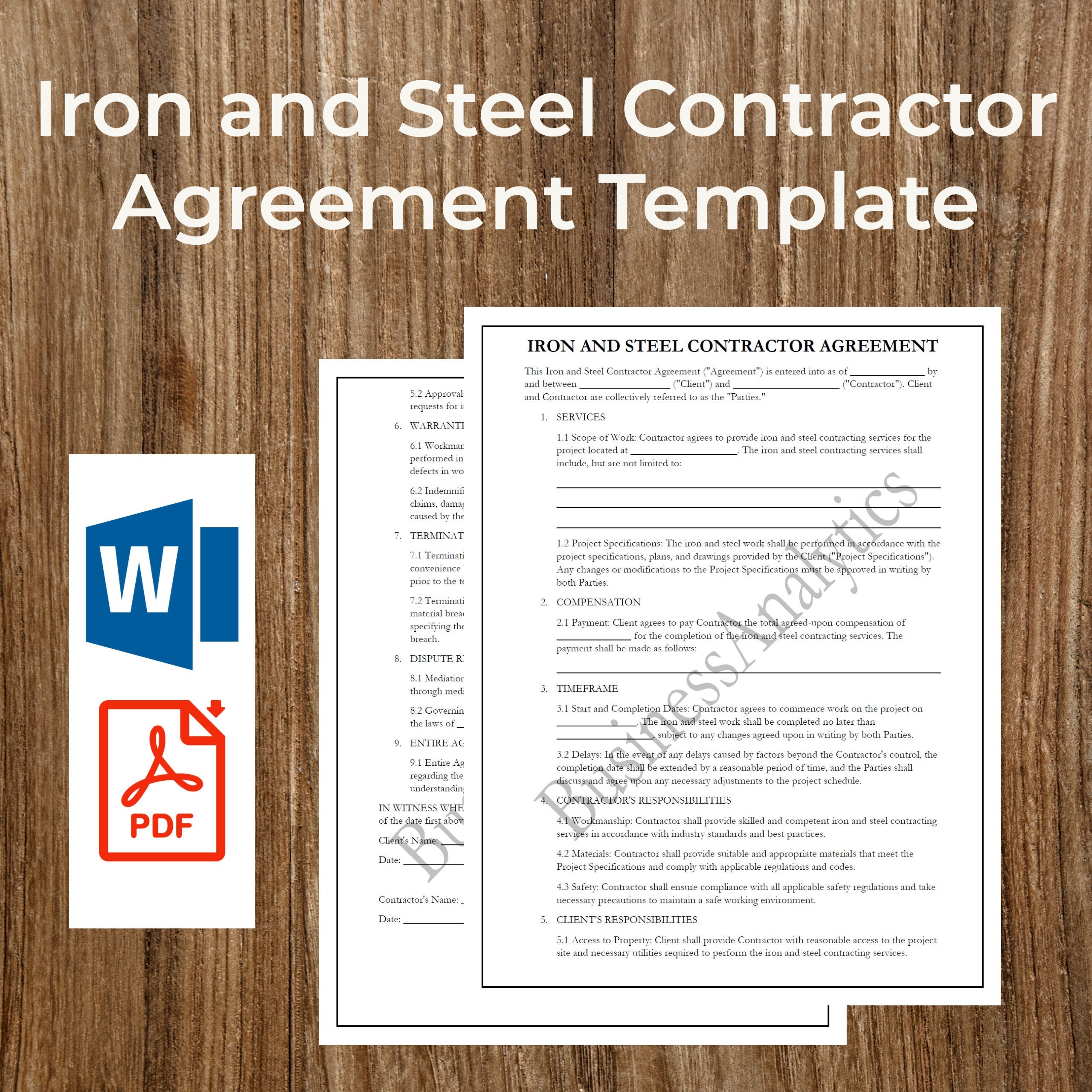 Iron and Steel Contractor Agreement Template | Contractor Forms | Printable | Fillable | PDF | Word | Digital Download | Customizable | Edit