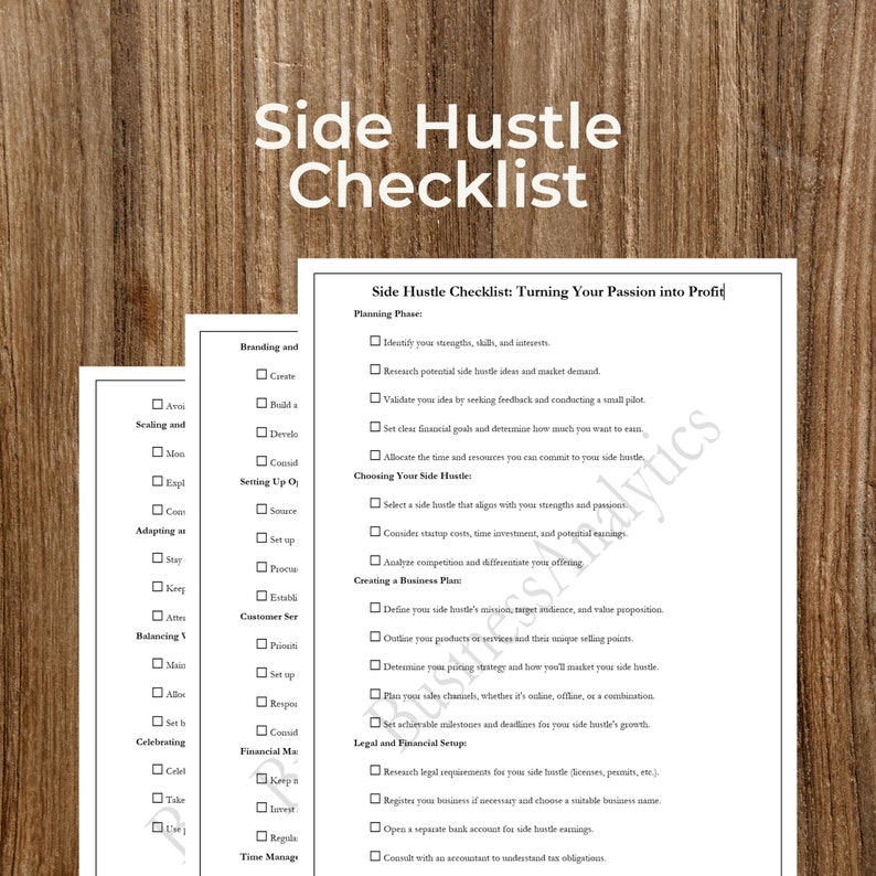 May include: A checklist for turning your passion into a profitable side hustle. The checklist is divided into sections such as branding, scaling, setting up, adapting, balancing, celebrating, financial management, and time management. Each section has a list of tasks to complete, such as creating a business plan, defining your target audience, and setting up a business bank account.