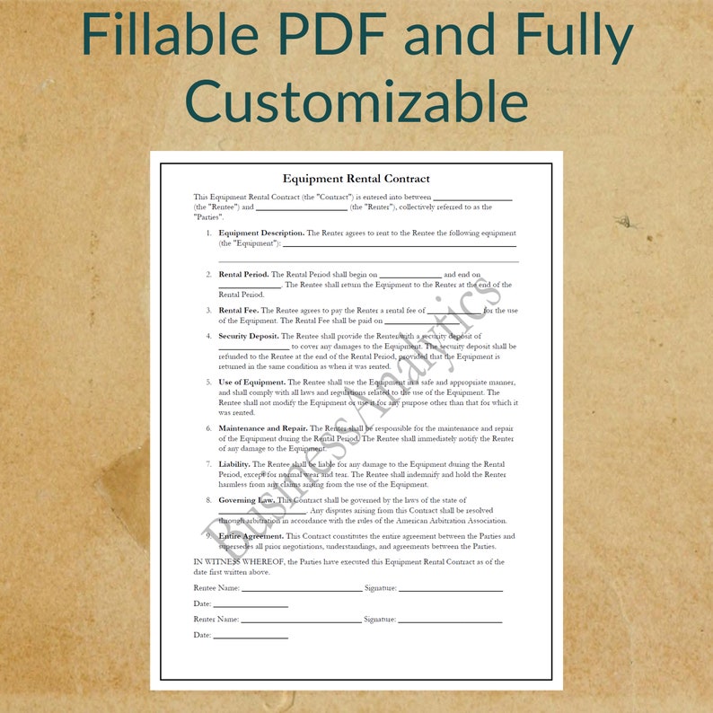 Equipment Rental Contract | Printable | Fillable | PDF | Digital ...