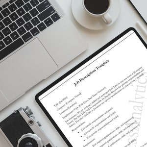 May include: A black and white document with the text "Job Description Template" at the top. The document is a template for creating a job description. It includes sections for the job title, company, location, employment type, job summary, responsibilities, and requirements.