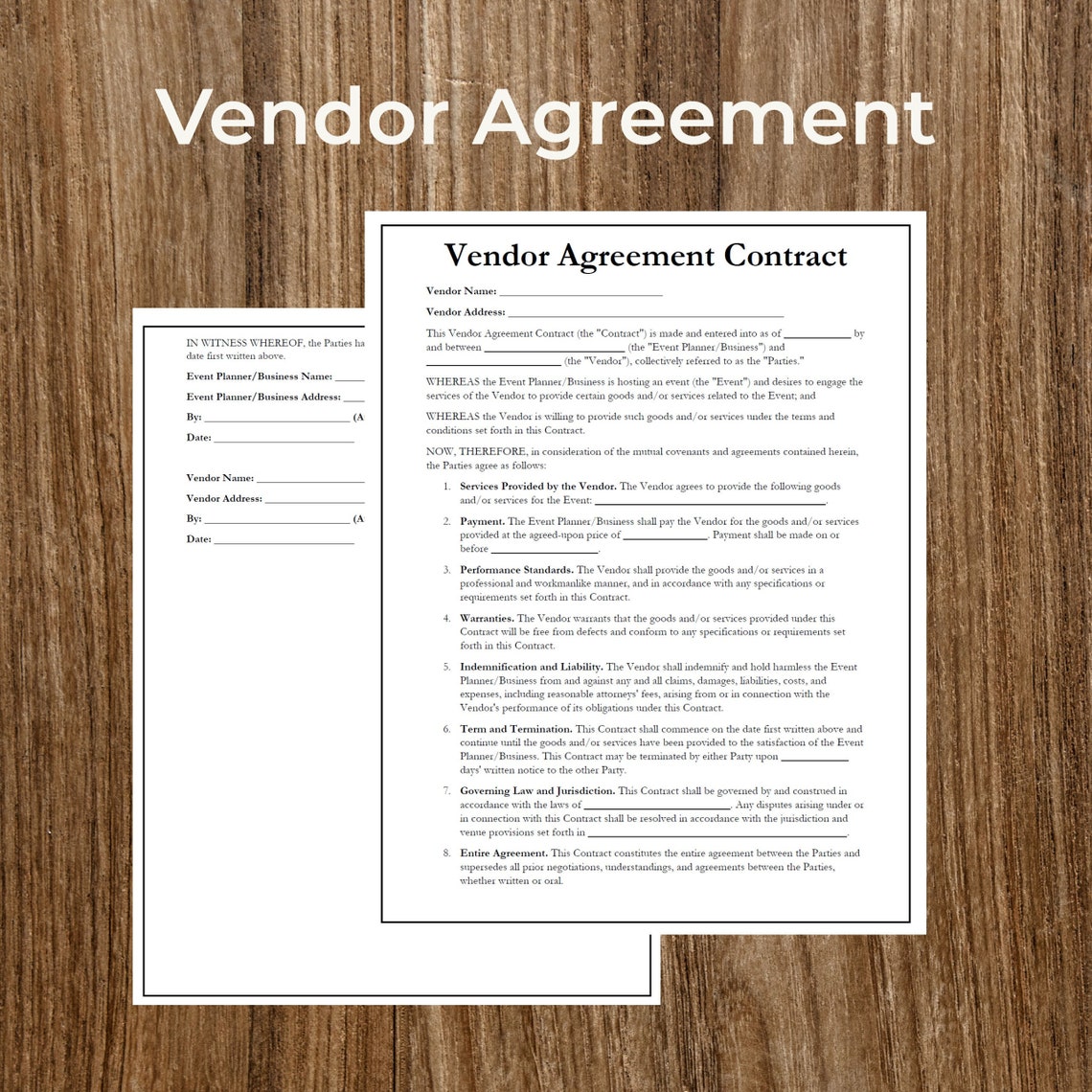 Vendor Agreement Contract Form Fillable Template for Event Planners
