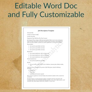 May include: A customizable job description template in a Word document format. The template includes sections for job title, company name, location, employment type, job summary, responsibilities, requirements, preferred qualifications, benefits, and application process.