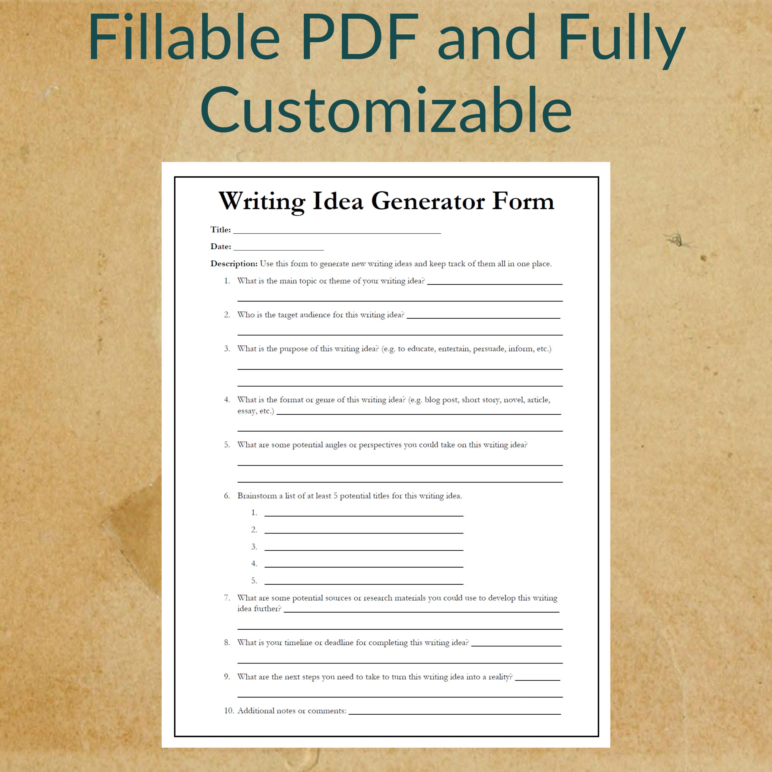 Writing Idea Generator Form - Printable & Fillable PDF (customizable ...