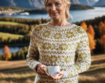 PDF Knitting Pattern-Floral Sweater-Womens Pullover Pattern-Scandinavian Sweater Pattern-Top Down Sweater-Beginner Friendly-Instant Download