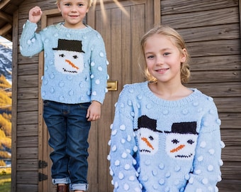 Nordic Christmas Sweater Knitting Pattern: Kids Snowman Bobble Pullover (PDF Download)