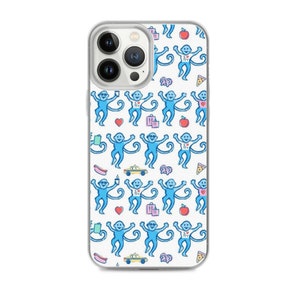 May include: Clear phone case with a repeating pattern of blue monkeys, hearts, apples, pretzels, pizza slices, hot dogs, luggage, and yellow taxi cabs. The monkeys have sunglasses and the text "I NY" on their chests.