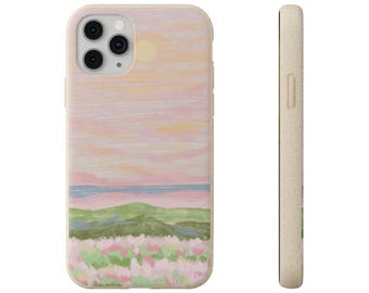 Biologisch afbreekbaar telefoonhoesje, milieuvriendelijk Sunset Flower Hill-ontwerp, duurzame iPhone-cover, composteerbare beschermhoes, groene technologie